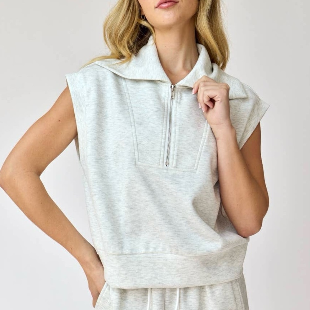 Yogalicious Light Gray/Ivory Sleeveless Half Zip-Up Sweatshirt Yoga Top size L - Picture 1 of 7